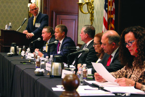 The Views from the Bench panel was made up of (left ro right) I Mark S. Indelicato (right panel) of Hahn & Hessen, Andrew I. Silfen of Arent Fox, Sean M. Beach of Young Conaway Stargatt & Taylor Beach, the Honorable Kevin J. Carey, the Honorable Shelley C. Chapman, the Honorable Kevin Gross and Teresa K.D. Currier of Saul Ewing Arnstein & Lehr. 